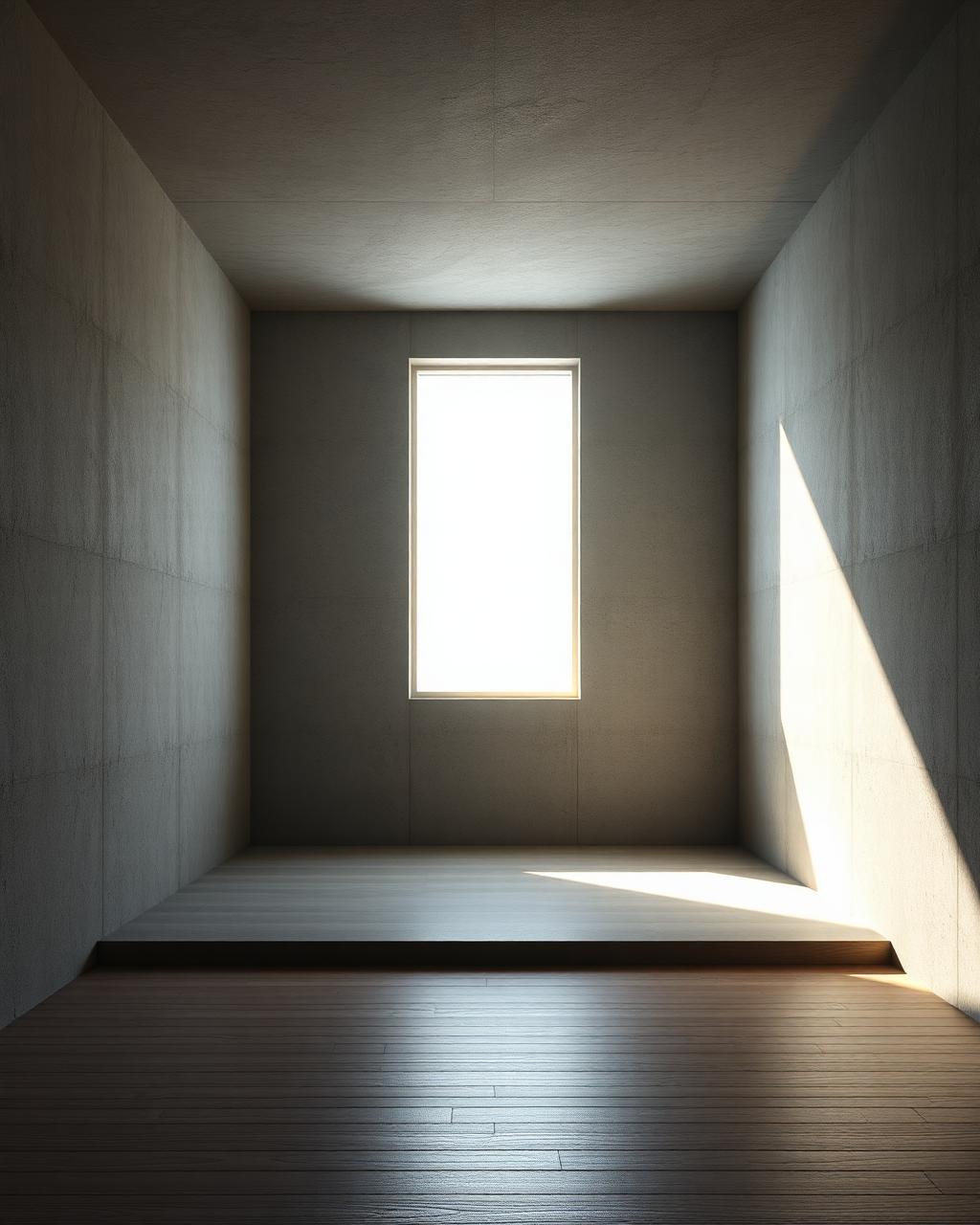 3D render of a concrete interior with light from a single window