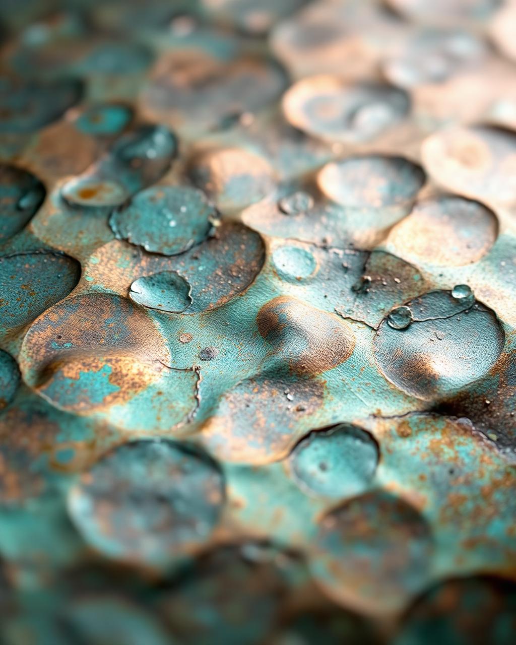 Macro view of an oxidized copper painting with green patina